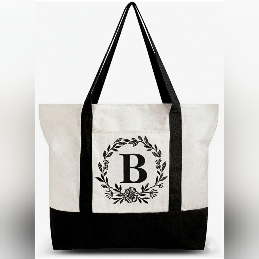 Monogrammed Embroidered Canvas Tote Bag Zipper Pocket Personalized Gift Letter B